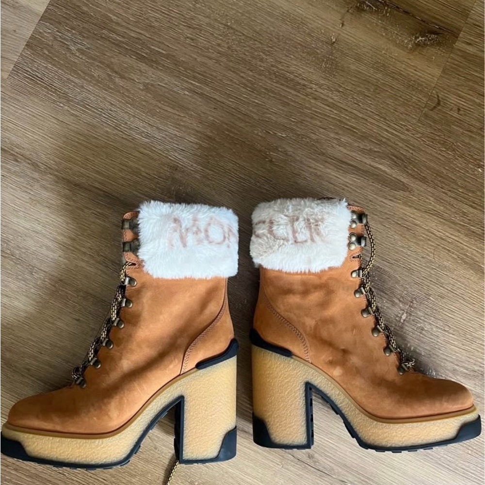 Moncler Tan and White Winter Boots
